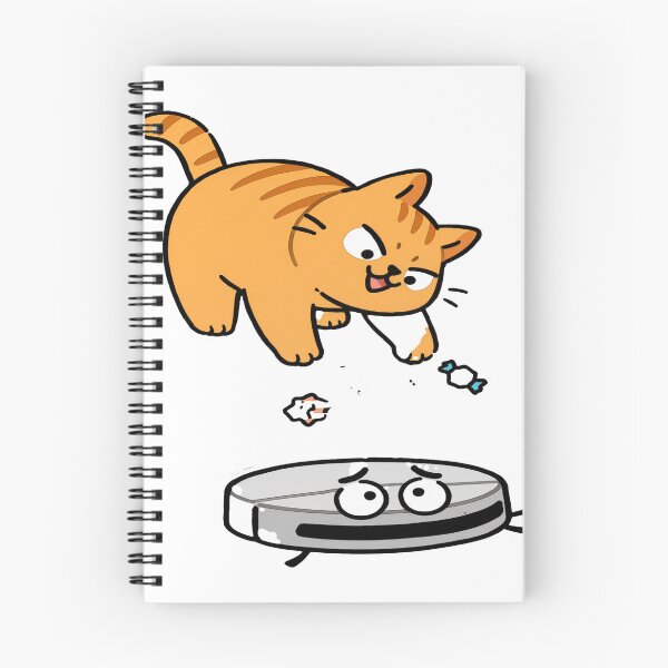 Item preview, Angry Robot Vacuum Cleaning While Ginger Cat Drops Trash from Above designed and sold by OksArtStudio.