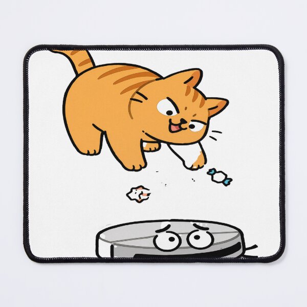 Item preview, Angry Robot Vacuum Cleaning While Ginger Cat Drops Trash from Above designed and sold by OksArtStudio.
