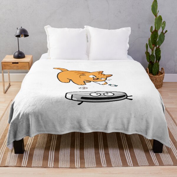 Item preview, Angry Robot Vacuum Cleaning While Ginger Cat Drops Trash from Above designed and sold by OksArtStudio.