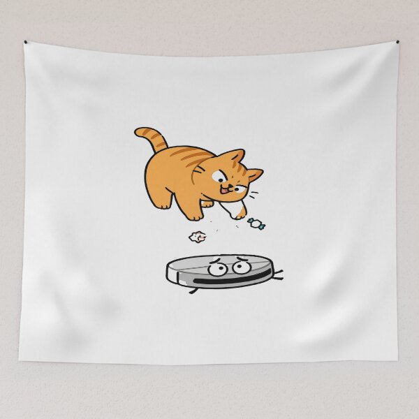Item preview, Angry Robot Vacuum Cleaning While Ginger Cat Drops Trash from Above designed and sold by OksArtStudio.