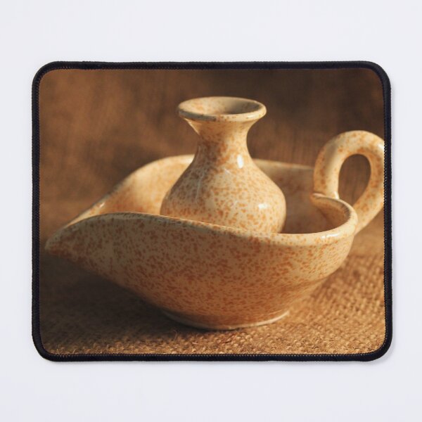 Item preview, Speckled Ceramic Vase and Spouted Bowl With Handle on Burlap Rustic Still Life designed and sold by Nmallia.