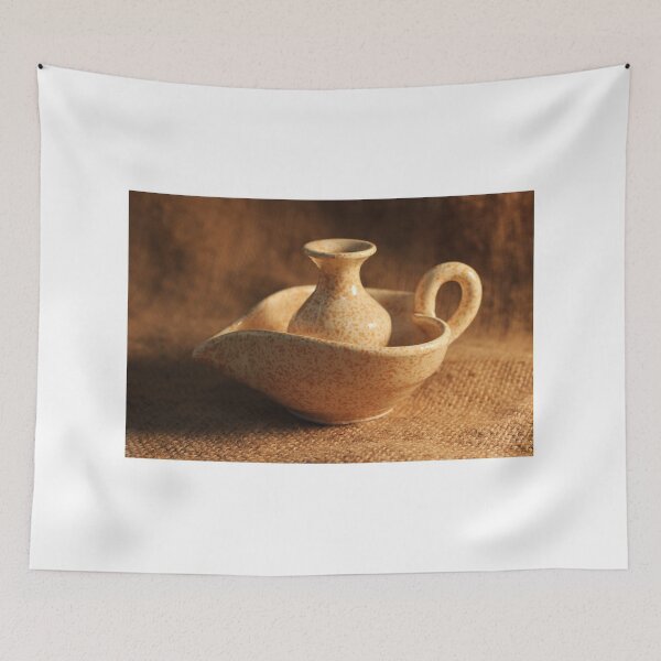 Item preview, Speckled Ceramic Vase and Spouted Bowl With Handle on Burlap Rustic Still Life designed and sold by Nmallia.