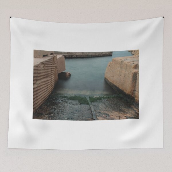 Item preview, Moody Coastal Harbor Slipway Between Concrete Rocks With Smooth Sea Water and Algae designed and sold by Nmallia.