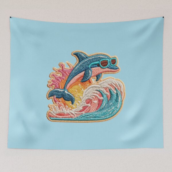 Item preview, Cool Embroidered Dolphin Riding Ocean Waves designed and sold by MegaNovaArt.
