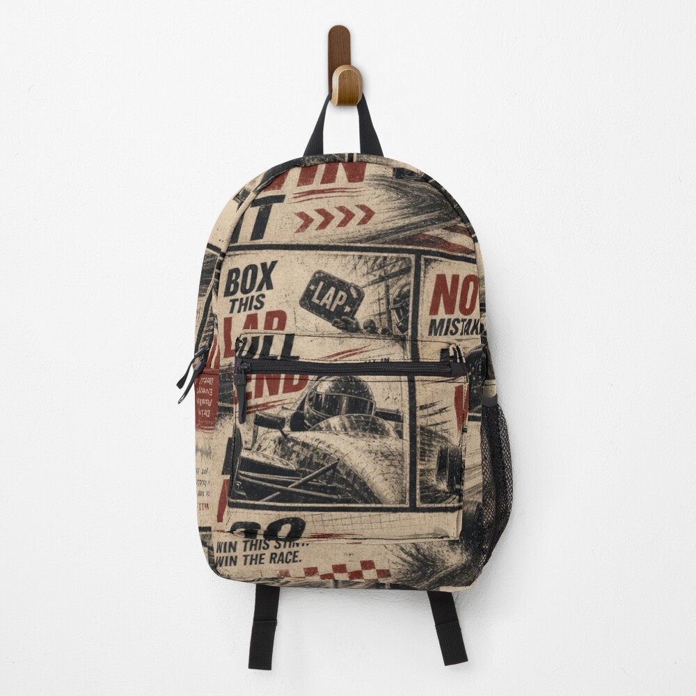 Vintage Pit Radio F1 Grand Prix Racing Poster 3 on a backpack