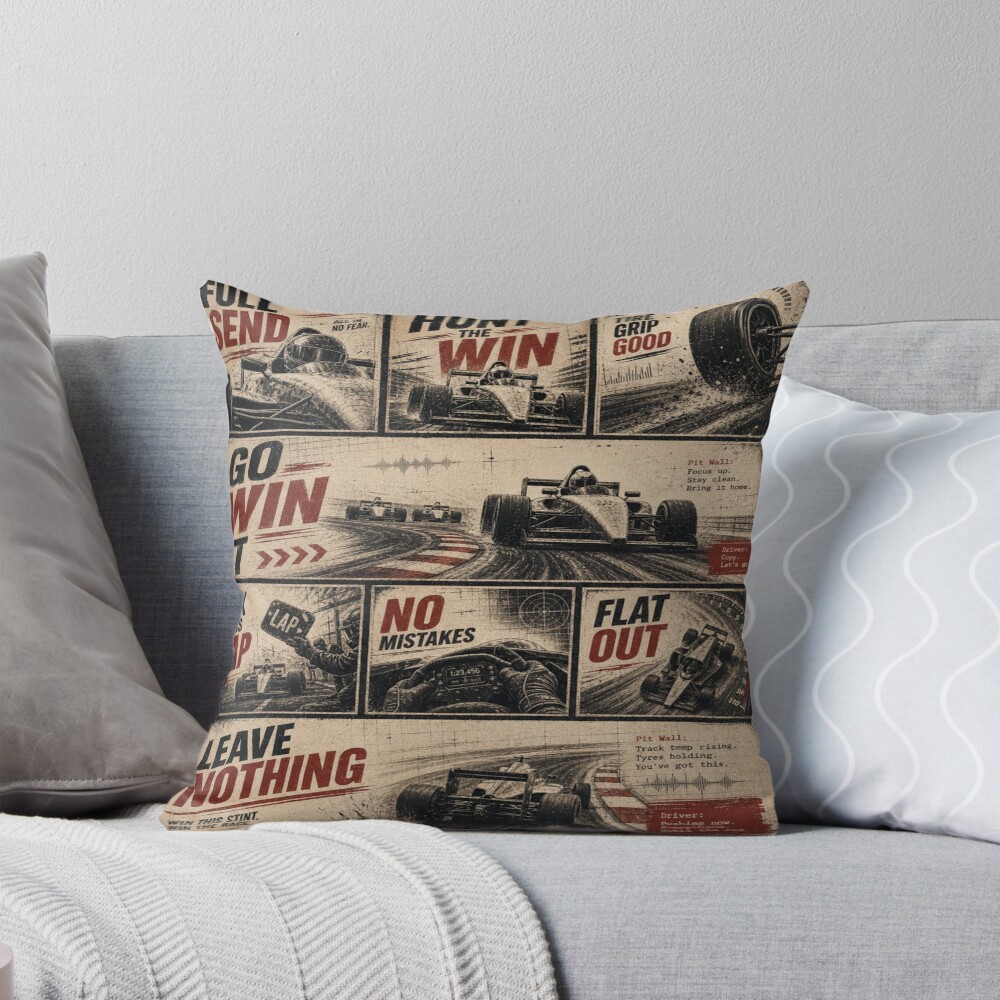 Vintage Pit Radio F1 Grand Prix Racing Poster 3 on a throw pillow
