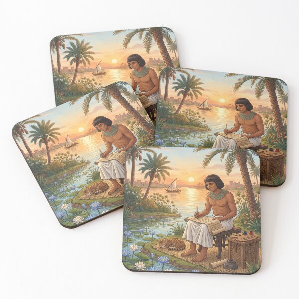 Item preview, Ancient Egyptian Scribe by the Nile at Sunset | Historical Egypt Art Illustration designed and sold by Queen Cleopatra.