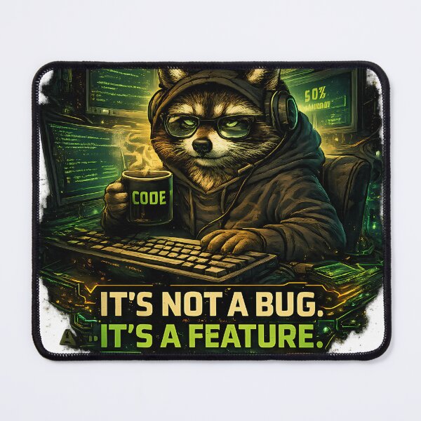 Item preview, Funny Programmer Raccoon - It's Not A Bug, It's A Feature designed and sold by DryHumorPrints.
