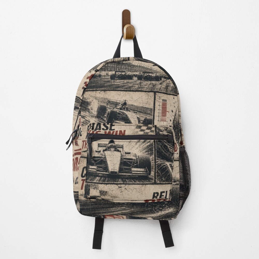 Vintage Pit Radio F1 Grand Prix Racing Poster 4 on a backpack