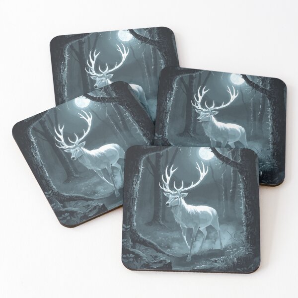 Item preview, White Stag Glowing Dark Forest Moonlight Fantasy Art designed and sold by FrostAndFang.