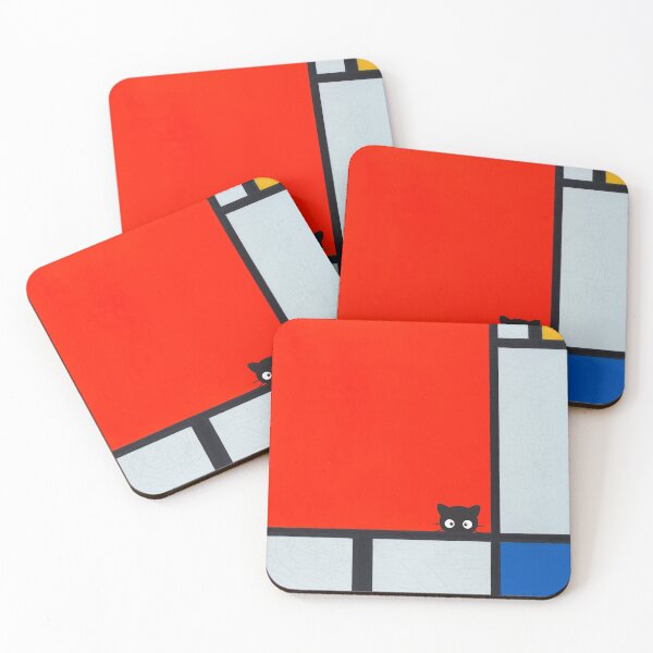 Item preview, Kawaii Black Cat in Piet Mondrian's Composition with Red Blue and Yellow designed and sold by DigiTora.