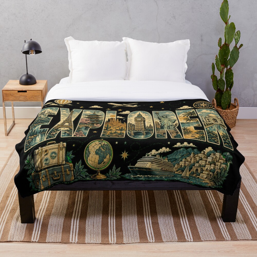 Explorer Vintage Travel Landmarks Adventure Art on a throw blanket
