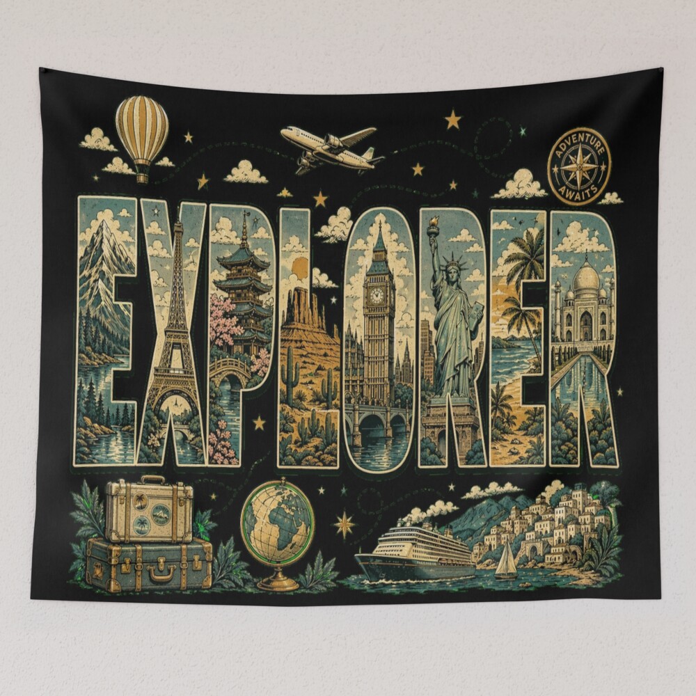 Explorer Travel Art: One Design, On Everything — Tapestry
