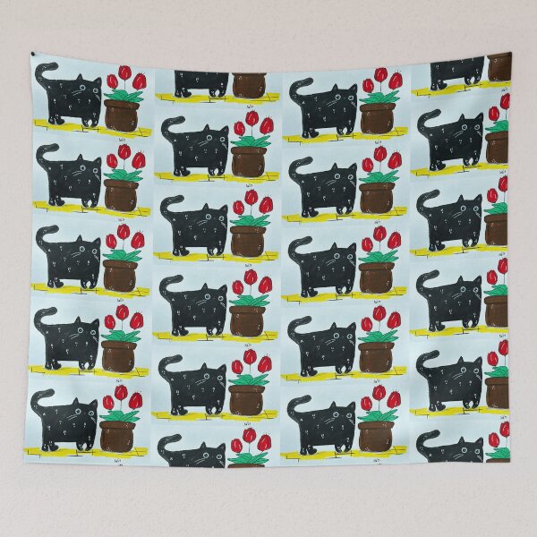 Item preview, Feline Florist - Black Cat with Red Tulips Mixed Media - Day 112 of 365 designed and sold by BeeandKiwi.