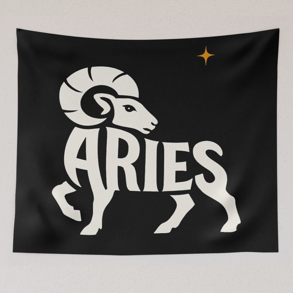 Aries Zodiac Ram Typography Symbol Art on a tapestry