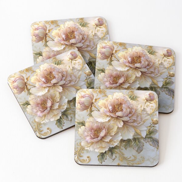 Item preview, Luxurious Cream and Blush Peonies with Golden Ornaments on Marble designed and sold by NovaBitWalls.