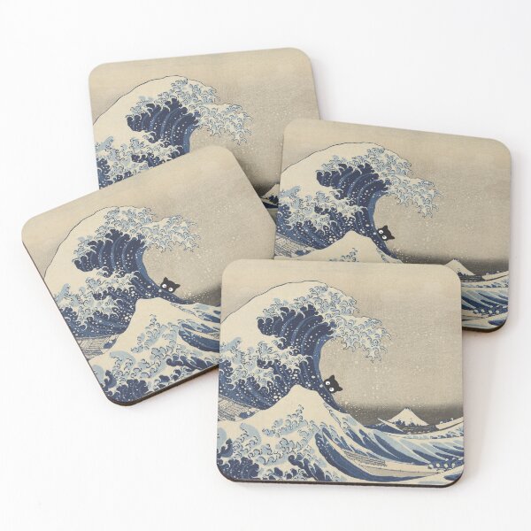 Item preview, Kawaii Black Cat in Katsushika Hokusai's Great Wave of Kanagawa designed and sold by DigiTora.