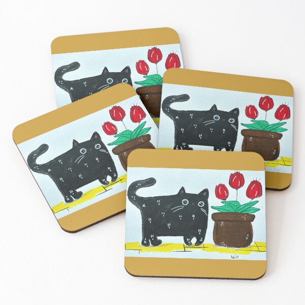 Item preview, Feline Florist - Black Cat with Red Tulips Mixed Media - Day 112 of 365 designed and sold by BeeandKiwi.