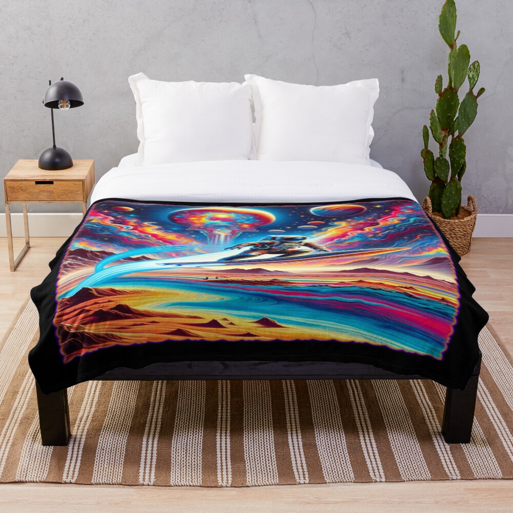 Cosmic Astronaut Surfing Psychedelic Space Art on a throw blanket