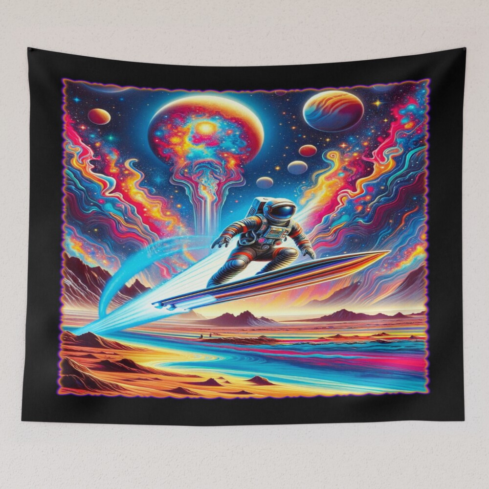 Cosmic Astronaut Surfing Psychedelic Space Art on a tapestry