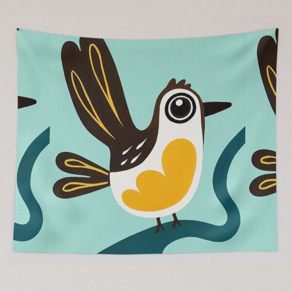 Item preview, Yellow Folk Bird on Aqua Branch | Minimal Bird Art designed and sold by Filora Atelier .