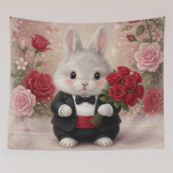 Item preview, Gentleman White Bunny in Tuxedo Holding Red Roses designed and sold by lovelistivkaa.