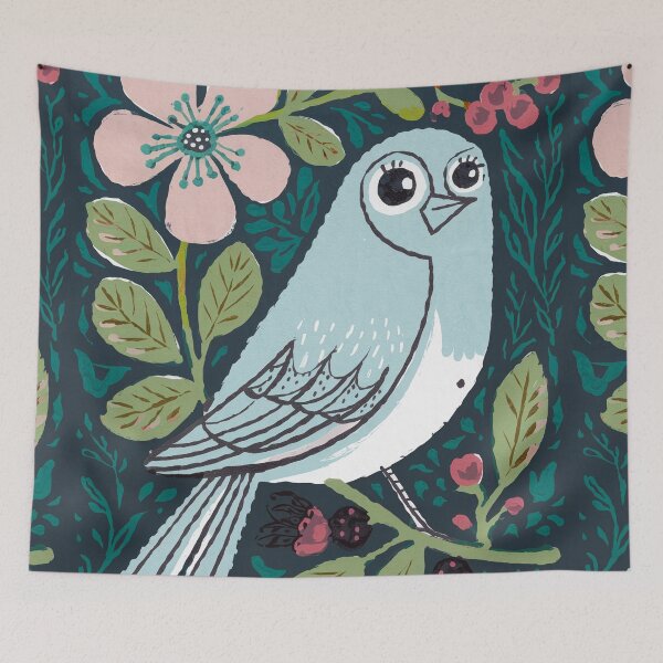 Item preview, Soft Blue Bird with Flowers | Botanical Folk Bird Art designed and sold by Filora Atelier .