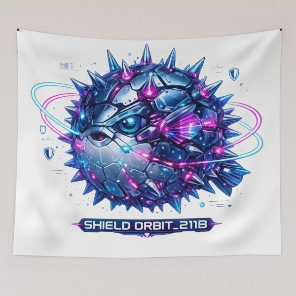 Item preview, Shield Orbit 2118 Cyber Pufferfish – Neon Biomechanical Defense Unit Design designed and sold by FusiTink.