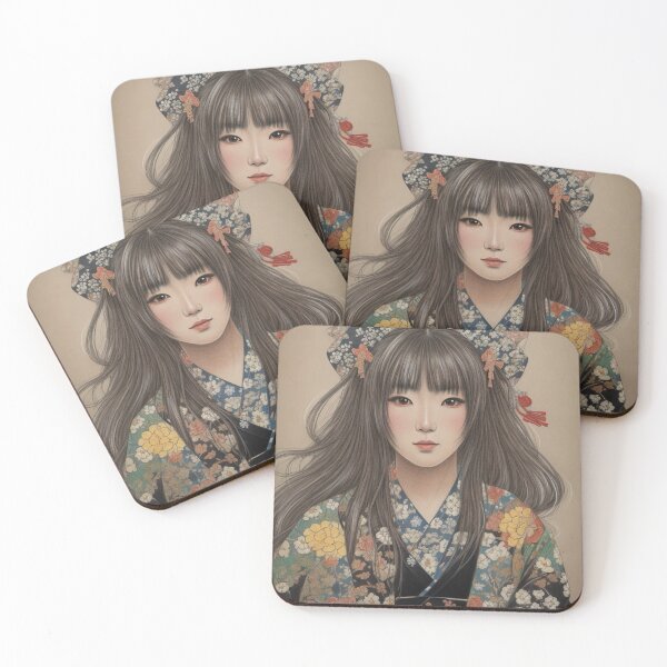 Item preview, Japanese Girl in Floral Kimono | Elegant Japanese Art Print designed and sold by Skayana.