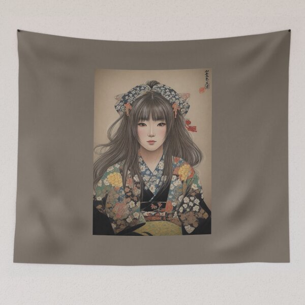 Item preview, Japanese Girl in Floral Kimono | Elegant Japanese Art Print designed and sold by Skayana.