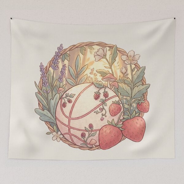 Item preview, Cottagecore Basketball Strawberry Lavender Mushroom Floral Pastel Art designed and sold by MythicCotton.