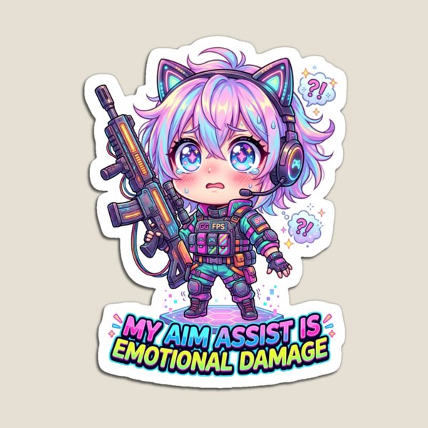 Item preview, “My Aim Assist Is Emotional Damage” – Cute Kawaii FPS Girl Crying Over Her Gun & Cat-Ear Headset designed and sold by StickVerse by Owais.