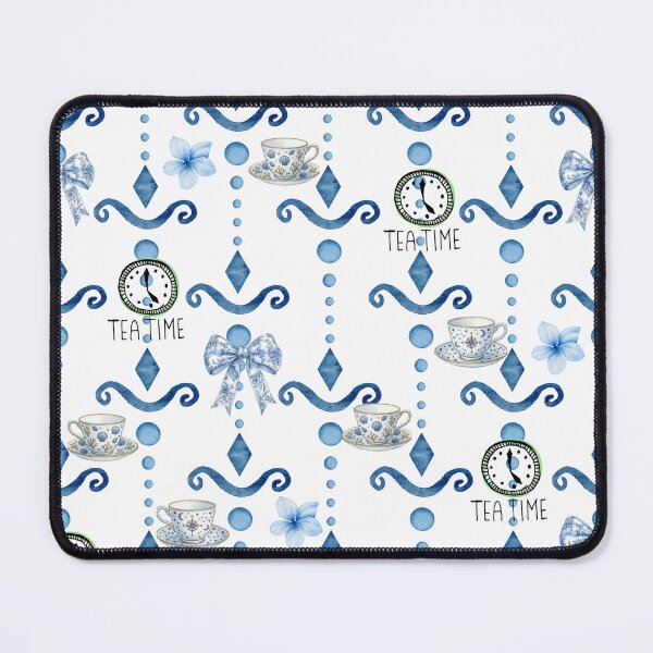 Item preview, Vintage Blue British Tea Time Watercolor Pattern with Teacups and Clocks designed and sold by VibranPalette.