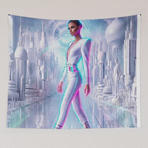 Item preview, Futuristic Neon Cyber Fashion Woman White Bodysuit Sci-Fi City | Cyberpunk AI Art designed and sold by IRON SIREN.