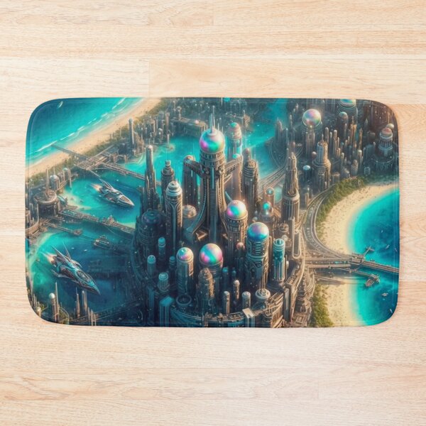 Item preview, Futuristic Beach City Skyline Ocean Sci-Fi Towers | Cyberpunk AI Art designed and sold by IRON SIREN.