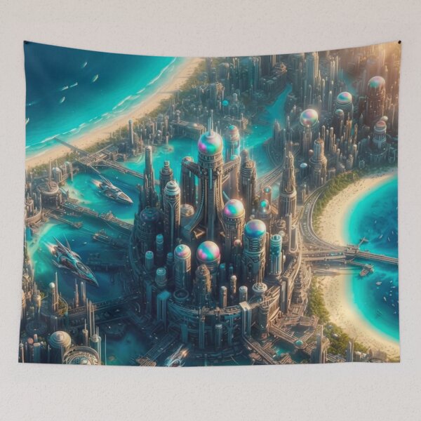 Item preview, Futuristic Beach City Skyline Ocean Sci-Fi Towers | Cyberpunk AI Art designed and sold by IRON SIREN.