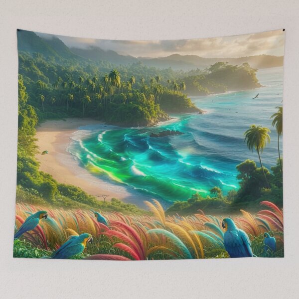 Item preview,  Bioluminescent Tropical Beach Macaws Rainbow Grass | Fantasy Paradise AI Art designed and sold by IRON SIREN.