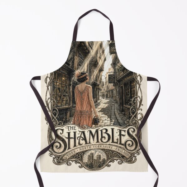 Item preview, The Shambles, York, England [Wood Engraving] — Flapper with a Vintage Leather Camera Exploring the Narrow Medieval Lane designed and sold by elektronen.