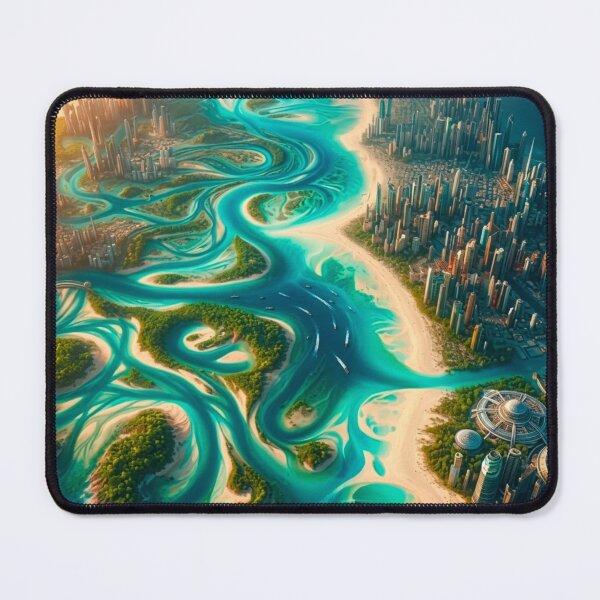 Item preview, Futuristic River Tropical Delta City Turquoise Swirls Skyline | Solopunk Sci-Fi AI Art designed and sold by IRON SIREN.