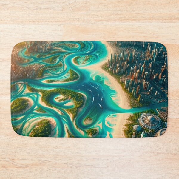 Item preview, Futuristic River Tropical Delta City Turquoise Swirls Skyline | Solopunk Sci-Fi AI Art designed and sold by IRON SIREN.