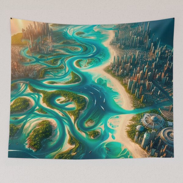 Item preview, Futuristic River Tropical Delta City Turquoise Swirls Skyline | Solopunk Sci-Fi AI Art designed and sold by IRON SIREN.