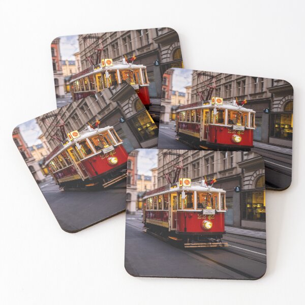 Item preview, Vintage historic red tram on a Prague street at dusk, Czech Republic designed and sold by AndreiWBU.