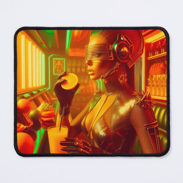 Item preview, Cyborg Woman Neon Bar Orange Drink Futuristic | Sci-Fi AI Art designed and sold by IRON SIREN.