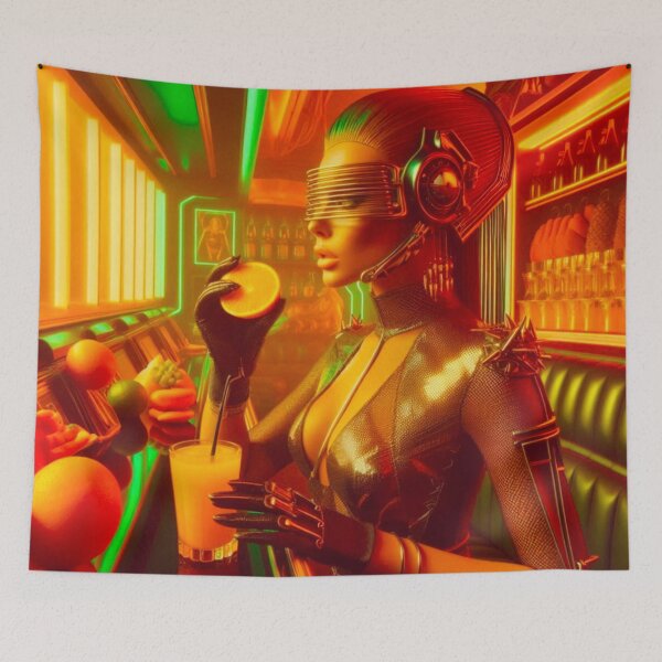 Item preview, Cyborg Woman Neon Bar Orange Drink Futuristic | Sci-Fi AI Art designed and sold by IRON SIREN.
