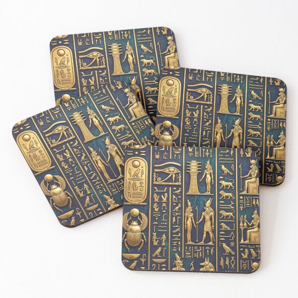 Item preview, Ancient Egyptian Hieroglyphics and Gods Gold Teal Art Design designed and sold by Queen Cleopatra.