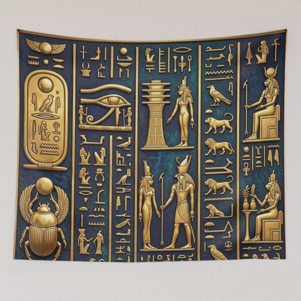 Item preview, Ancient Egyptian Hieroglyphics and Gods Gold Teal Art Design designed and sold by Queen Cleopatra.