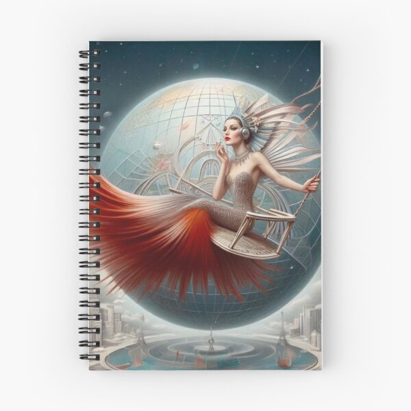 Item preview, Retrato de mujer Art Déco en columpio espacial, ciudad futurista, globo terráqueo, arte fantástico designed and sold by IRON SIREN.