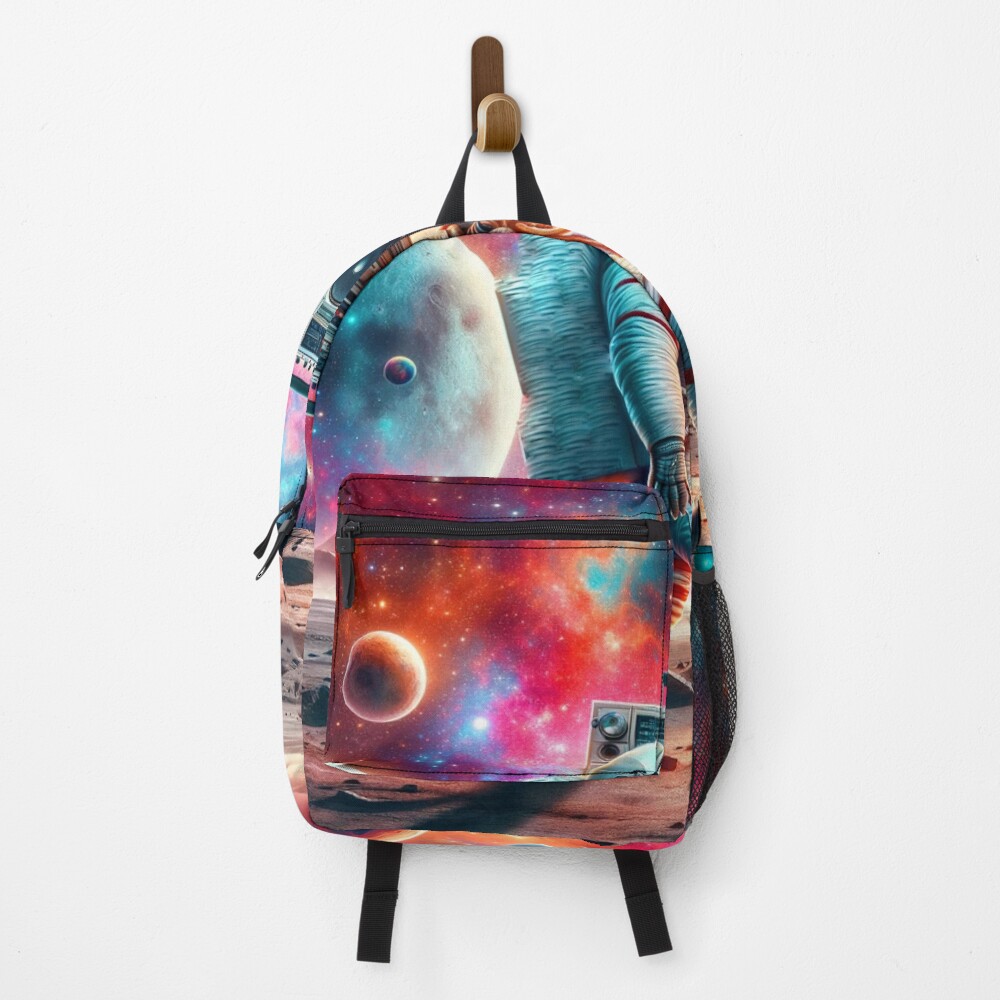 Retro Astronaut Boombox Cosmic Space Art on a backpack