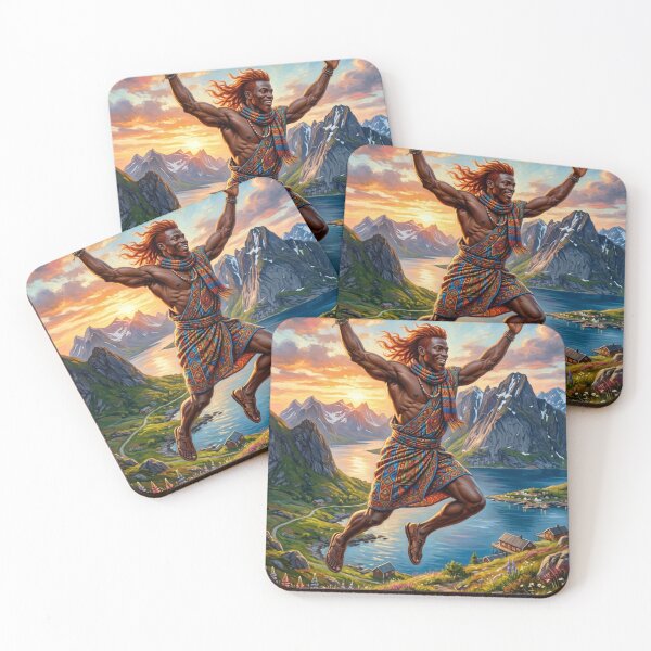 Item preview, Leaping for joy, African man in fjord landscape. Epic and colorful art. designed and sold by Curiosiart.