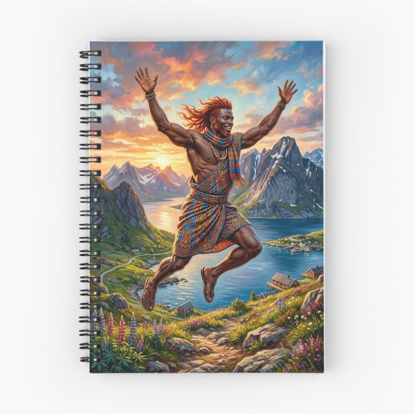 Item preview, Leaping for joy, African man in fjord landscape. Epic and colorful art. designed and sold by Curiosiart.
